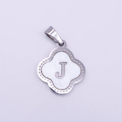 Stainless Steel A-Z Initial Letter Shell Pearl Quatrefoil Clover Silver Pendant Lucky Charm | A-754-A-766