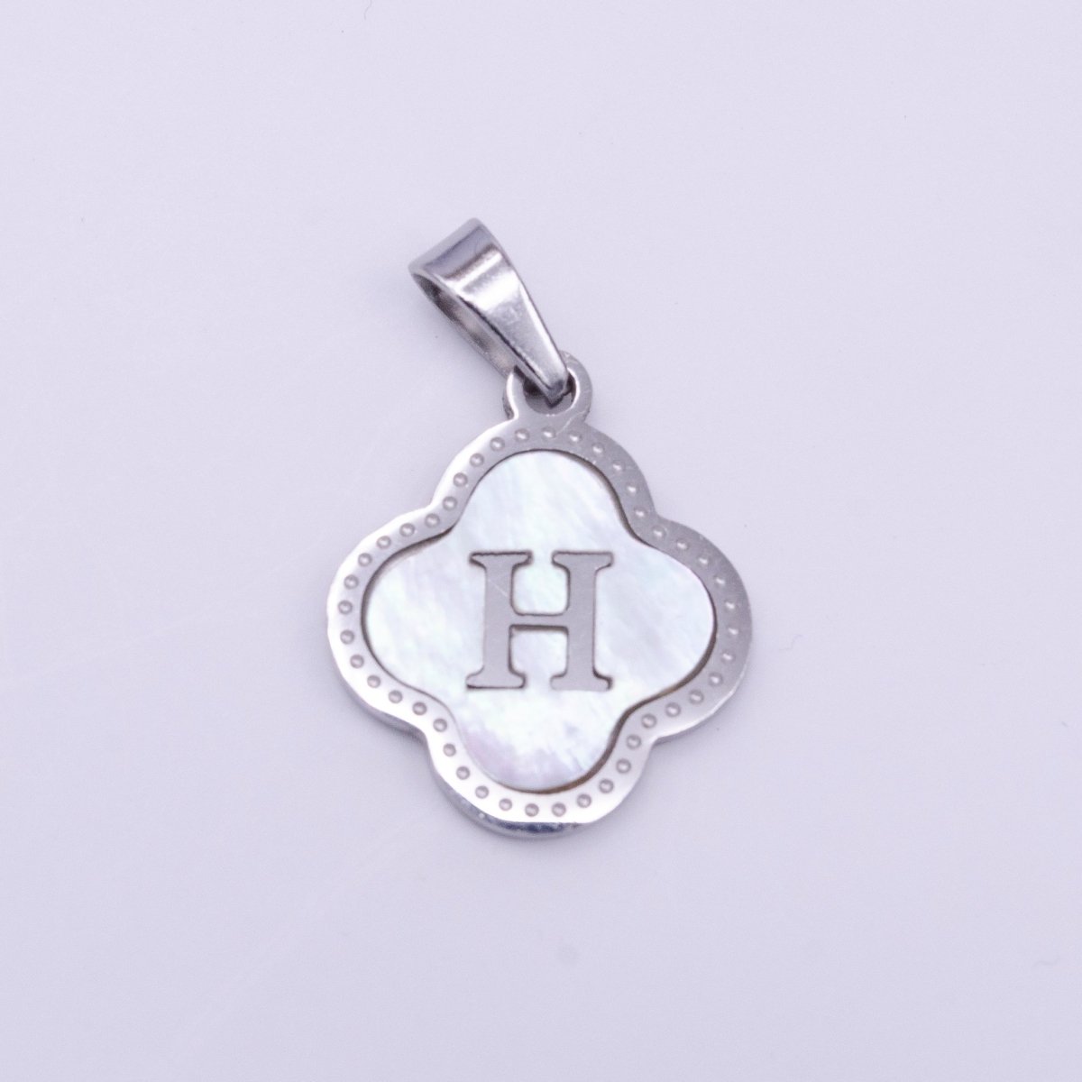 Stainless Steel A-Z Initial Letter Shell Pearl Quatrefoil Clover Silver Pendant Lucky Charm | A-754-A-766
