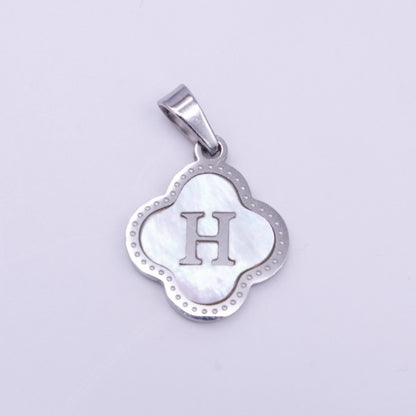 Stainless Steel A-Z Initial Letter Shell Pearl Quatrefoil Clover Silver Pendant Lucky Charm | A-754-A-766