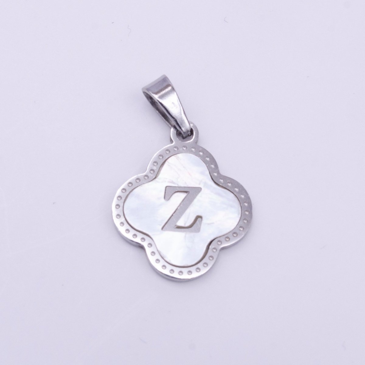 Stainless Steel A-Z Initial Letter Shell Pearl Quatrefoil Clover Silver Pendant Lucky Charm | A-754-A-766