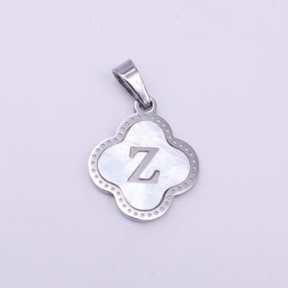 Stainless Steel A-Z Initial Letter Shell Pearl Quatrefoil Clover Silver Pendant Lucky Charm | A-754-A-766