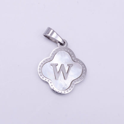 Stainless Steel A-Z Initial Letter Shell Pearl Quatrefoil Clover Silver Pendant Lucky Charm | A-754-A-766