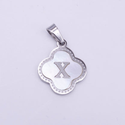 Stainless Steel A-Z Initial Letter Shell Pearl Quatrefoil Clover Silver Pendant Lucky Charm | A-754-A-766