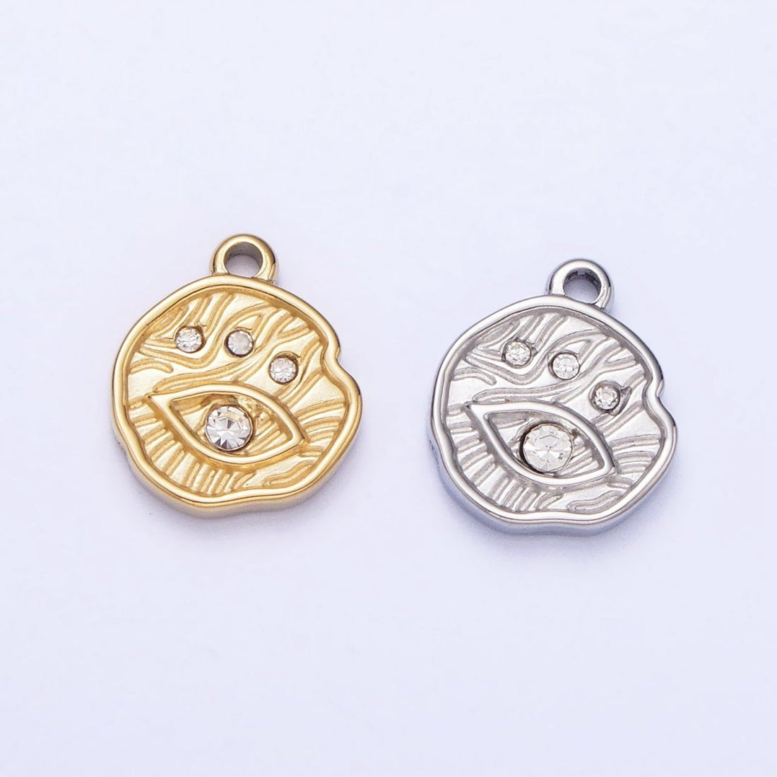 Stainless Steel Abstract Lined Evil Eye Clear CZ Round Add-On Charm in Gold &amp; Silver | P-907