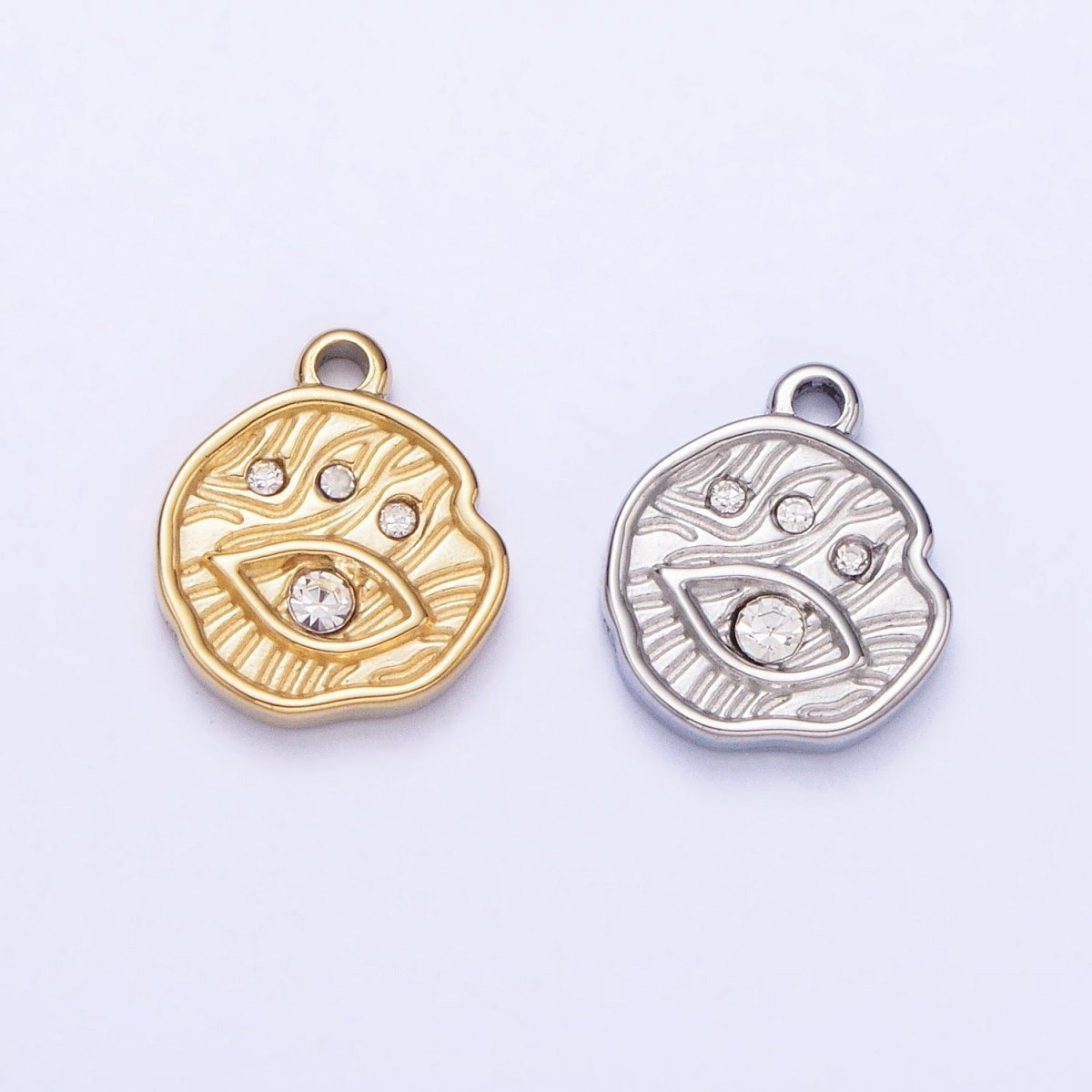 Stainless Steel Abstract Lined Evil Eye Clear CZ Round Add-On Charm in Gold &amp; Silver | P-907