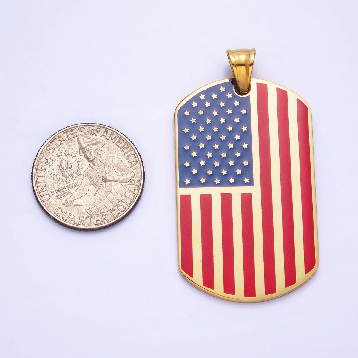 Stainless Steel American Flag Enamel Rectangular Tag Pendant in Gold &amp; Silver | P-1106