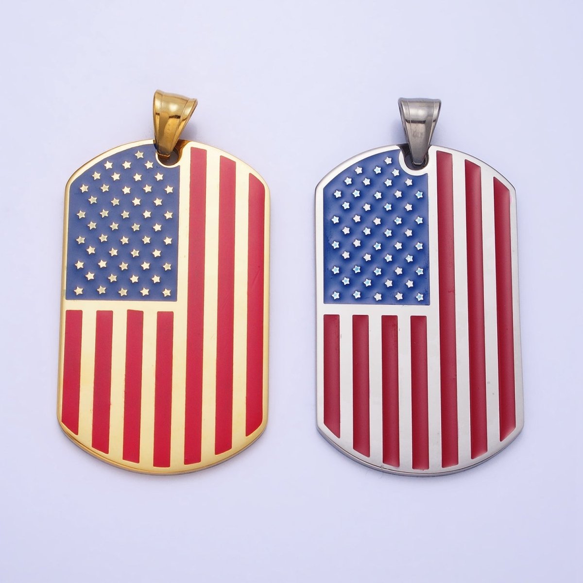 Stainless Steel American Flag Enamel Rectangular Tag Pendant in Gold &amp; Silver | P-1106