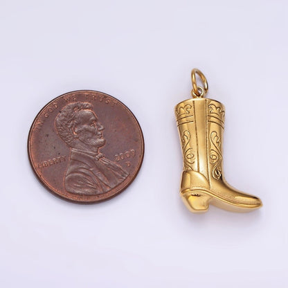 Stainless Steel Artisan Engraved Puffed Cowboy Boots Shoes Charm in Gold &amp; Silver | P1273