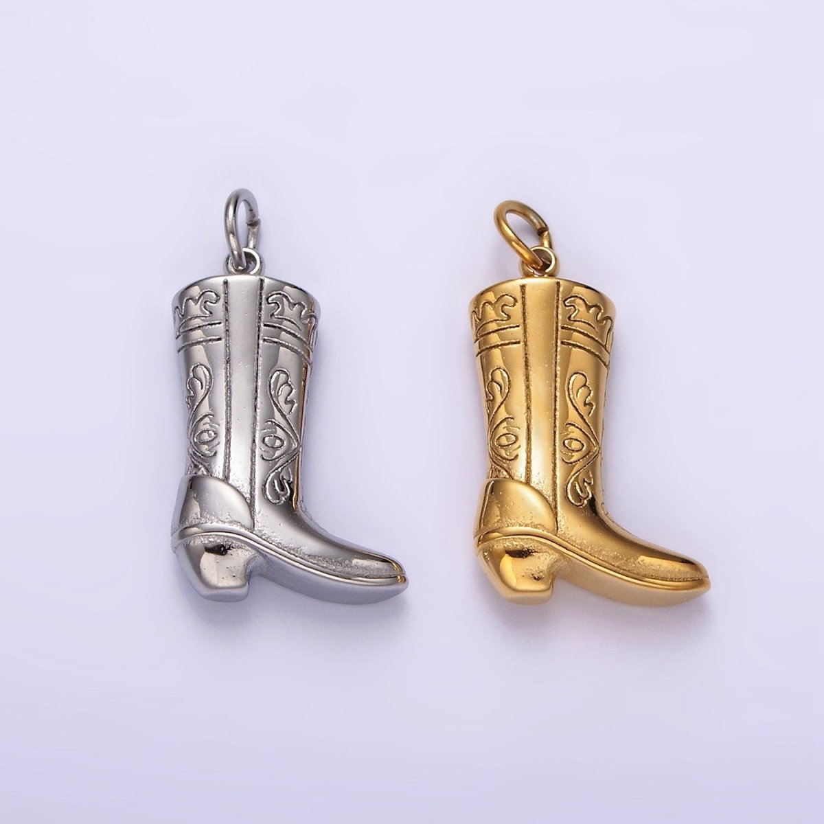 Stainless Steel Artisan Engraved Puffed Cowboy Boots Shoes Charm in Gold &amp; Silver | P1273
