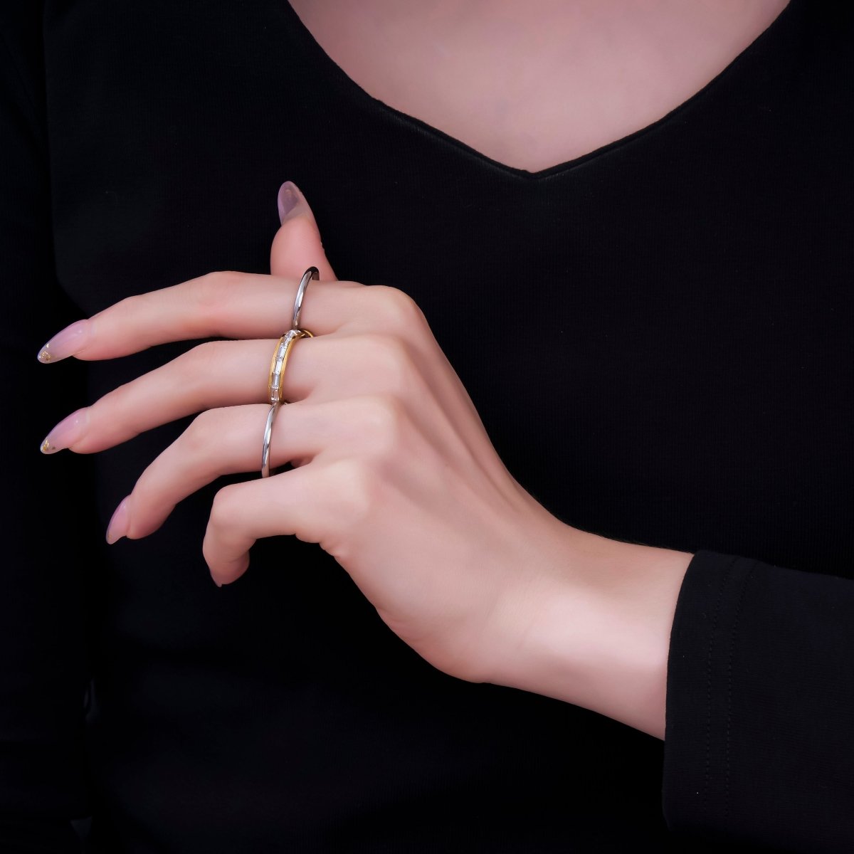 Stainless Steel Baguette CZ Three-in-One Center point Ring | O-1446