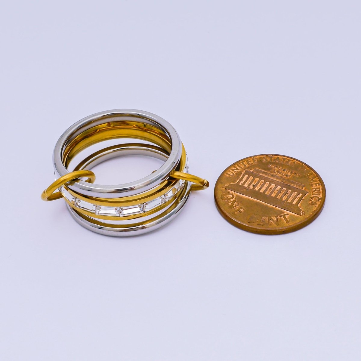 Stainless Steel Baguette CZ Three-in-One Center point Ring | O-1446