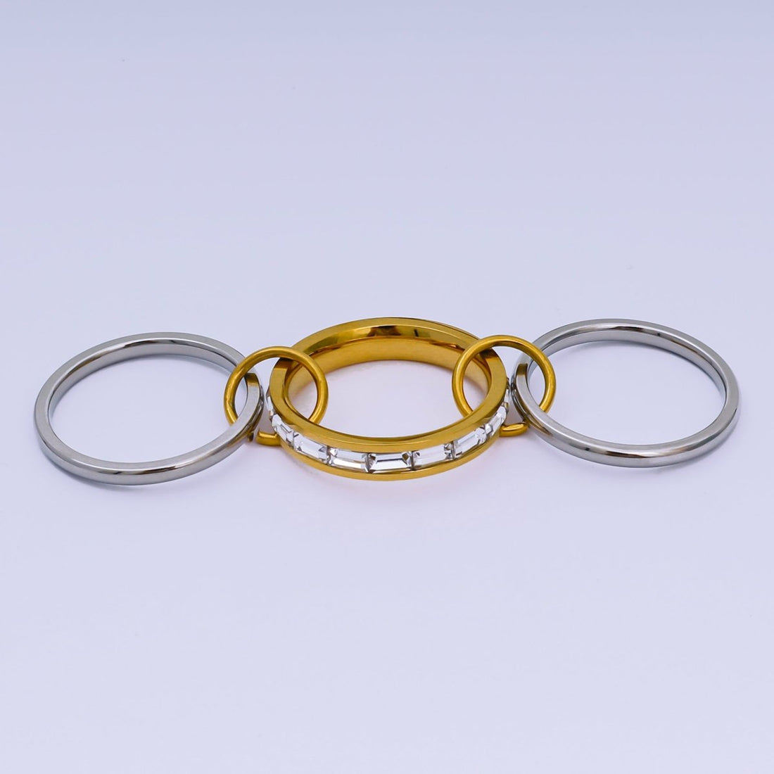 Stainless Steel Baguette CZ Three-in-One Center point Ring | O-1446