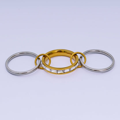 Stainless Steel Baguette CZ Three-in-One Center point Ring | O-1446