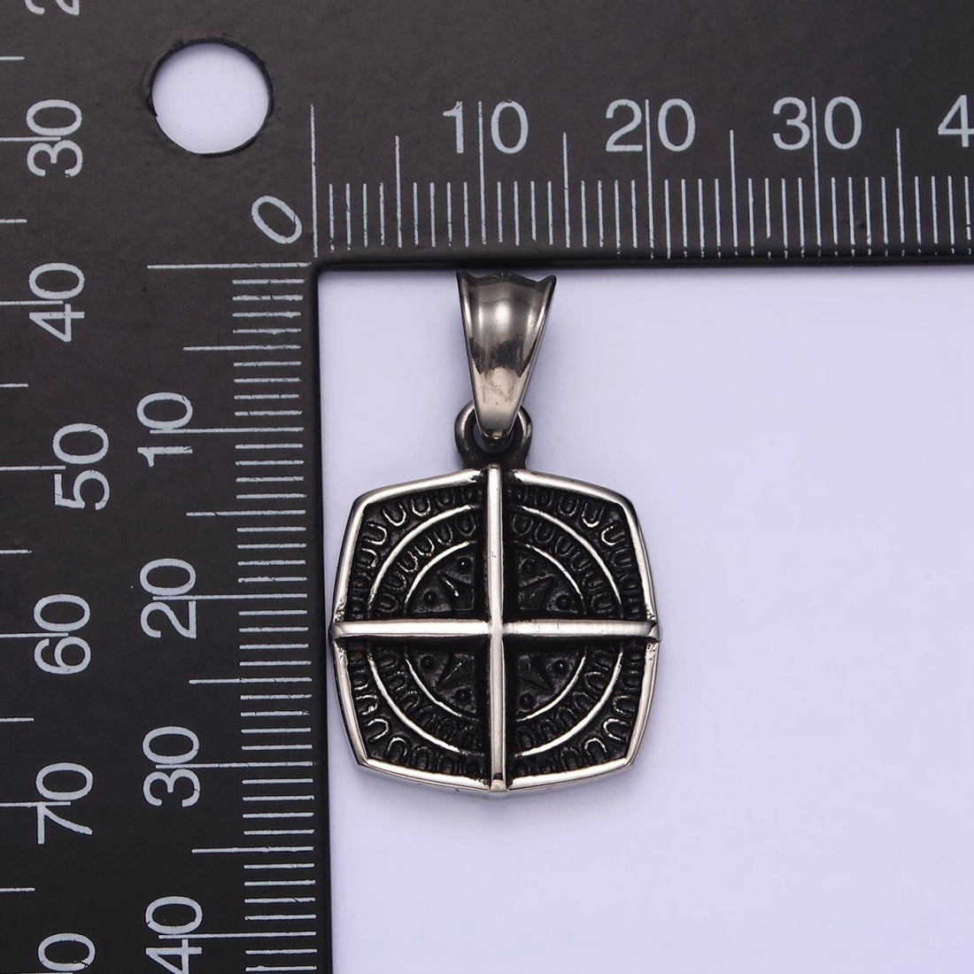 Stainless Steel Bar Celestial Star Rounded Engraved Edged Square Pendant | P-765