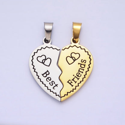 Stainless Steel "Best Friend" Script Engraved Hearts Mixed Metal Friendship Pendant Set | P-1128