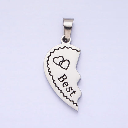 Stainless Steel "Best Friend" Script Engraved Hearts Mixed Metal Friendship Pendant Set | P-1128