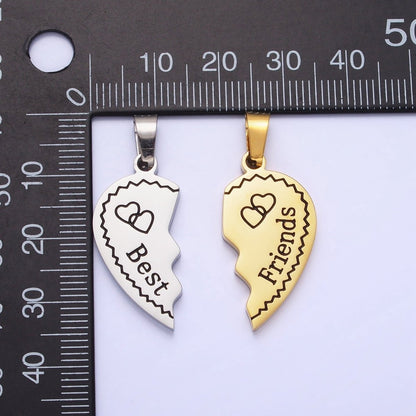 Stainless Steel "Best Friend" Script Engraved Hearts Mixed Metal Friendship Pendant Set | P-1128