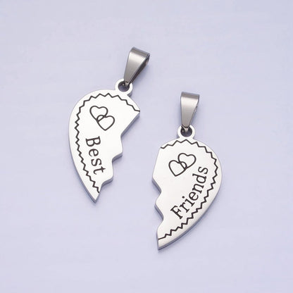 Stainless Steel "Best Friend" Script Engraved Hearts Silver Friendship Pendant Set | P-1128