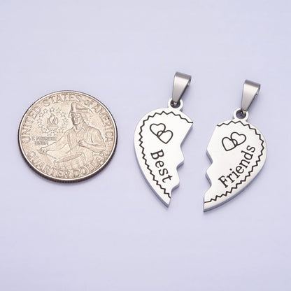 Stainless Steel "Best Friend" Script Engraved Hearts Silver Friendship Pendant Set | P-1128