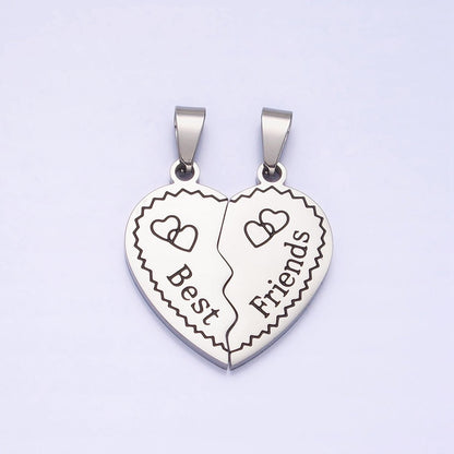 Stainless Steel "Best Friend" Script Engraved Hearts Silver Friendship Pendant Set | P-1128