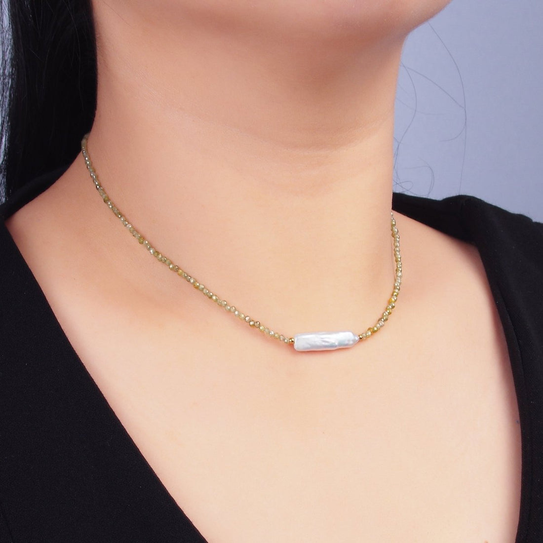 Stainless Steel Biwa Freshwater Pearl Multifaceted Crystal Gemstone 15 Inch Choker Necklace | WA-3105
