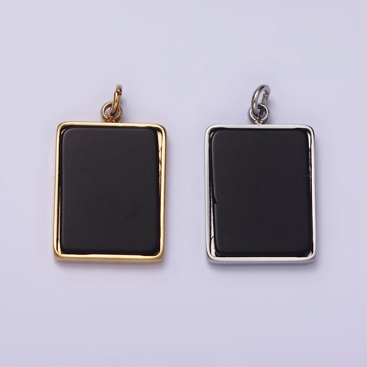 Stainless Steel Black Acrylic Rectangular Tag Bezel Charm in Gold &amp; Silver | P1313