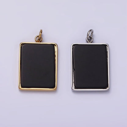 Stainless Steel Black Acrylic Rectangular Tag Bezel Charm in Gold &amp; Silver | P1313