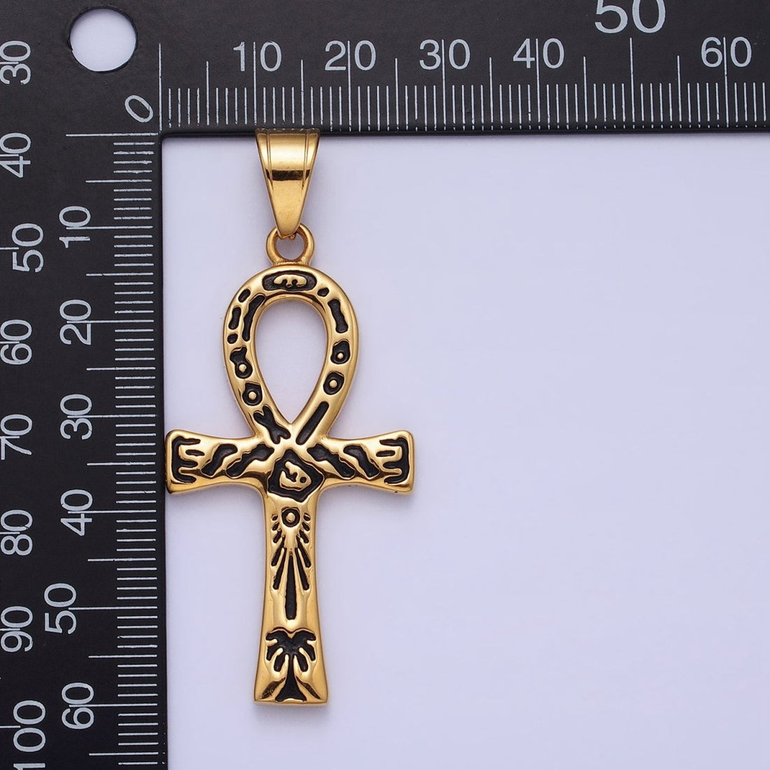 Stainless Steel Black Ceremony Carving Egyptian Ankh Key Cross Gold Pendant J-785