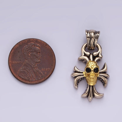 14K Gold Filled Engraved Skull Skeleton Fleury Cross Mixed Metal Pendant | P860