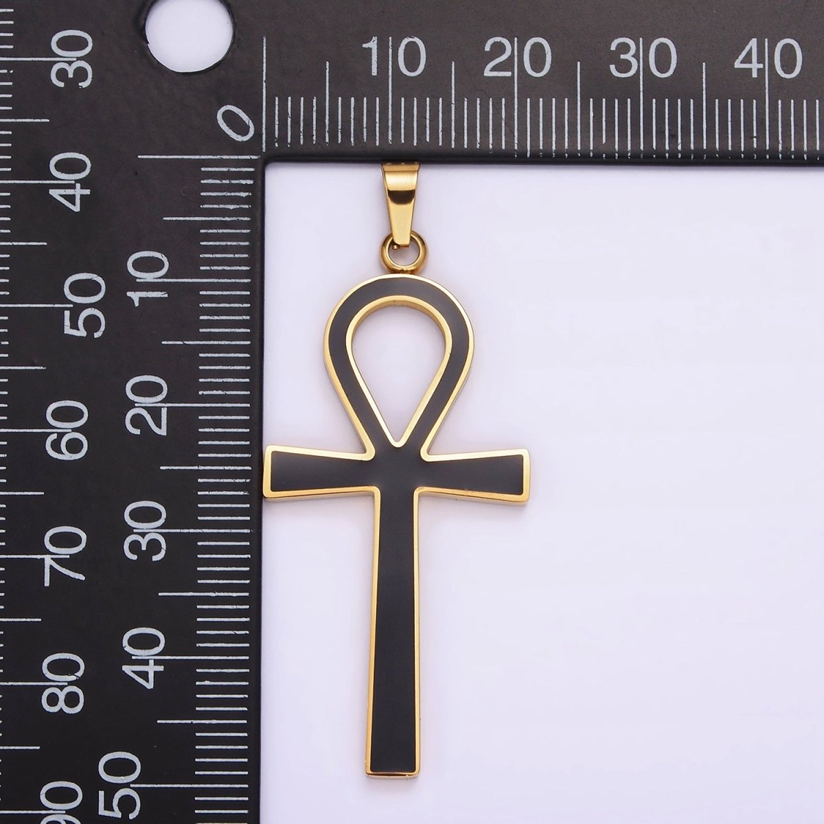 Stainless Steel Black Enamel Lined Egyptian Ankh Cross Pendant in Gold &amp; Silver | P-755