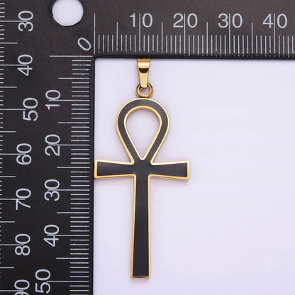 Stainless Steel Black Enamel Lined Egyptian Ankh Cross Pendant in Gold &amp; Silver | P-755
