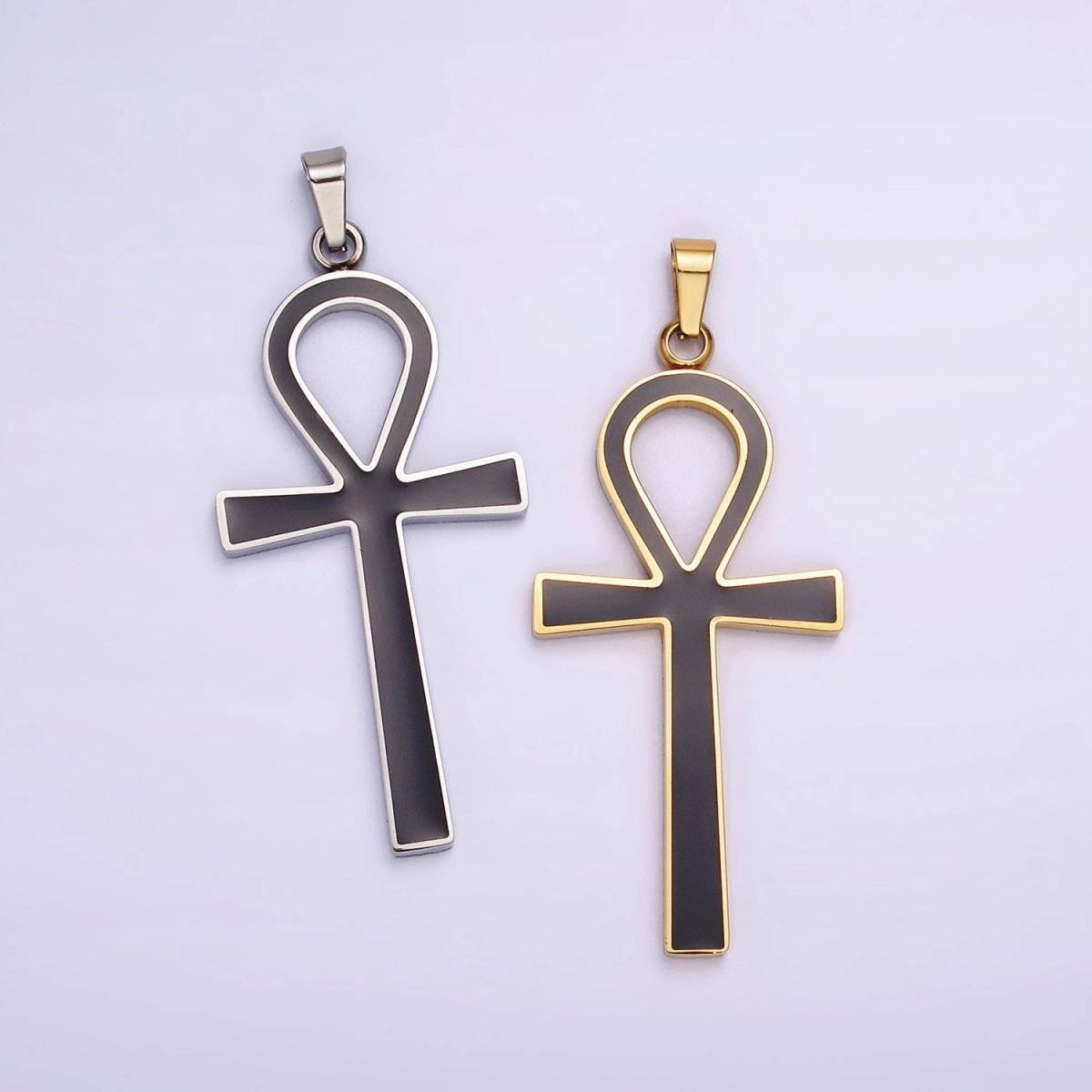 Stainless Steel Black Enamel Lined Egyptian Ankh Cross Pendant in Gold &amp; Silver | P-755