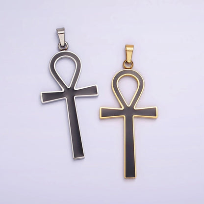 Stainless Steel Black Enamel Lined Egyptian Ankh Cross Pendant in Gold &amp; Silver | P-755