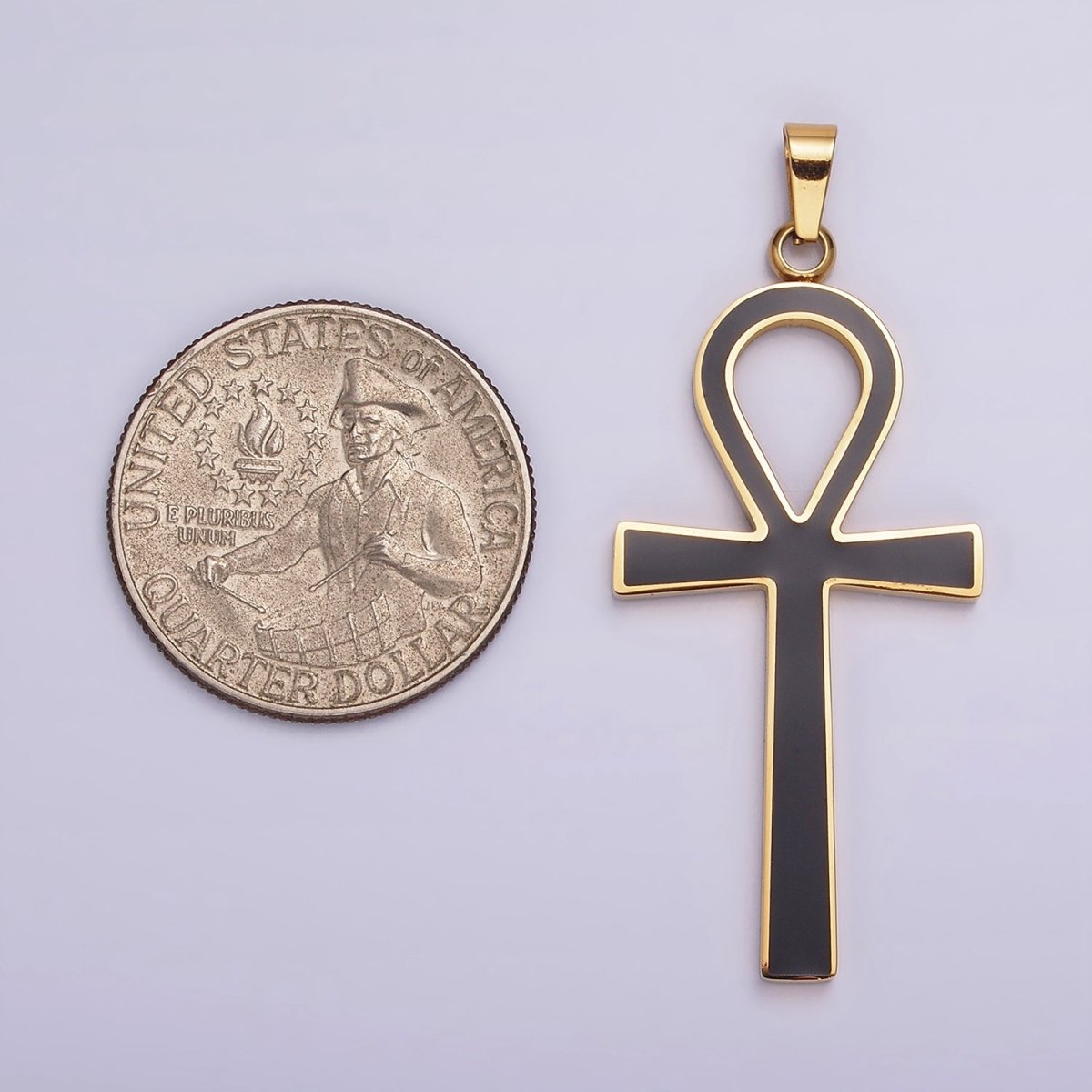Stainless Steel Black Enamel Lined Egyptian Ankh Cross Pendant in Gold &amp; Silver | P-755