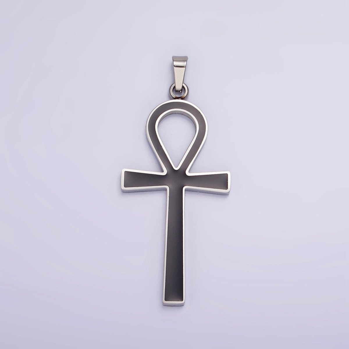 Stainless Steel Black Enamel Lined Egyptian Ankh Cross Pendant in Gold &amp; Silver | P-755