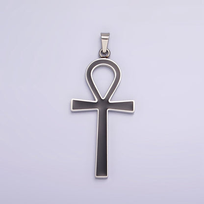 Stainless Steel Black Enamel Lined Egyptian Ankh Cross Pendant in Gold &amp; Silver | P-755