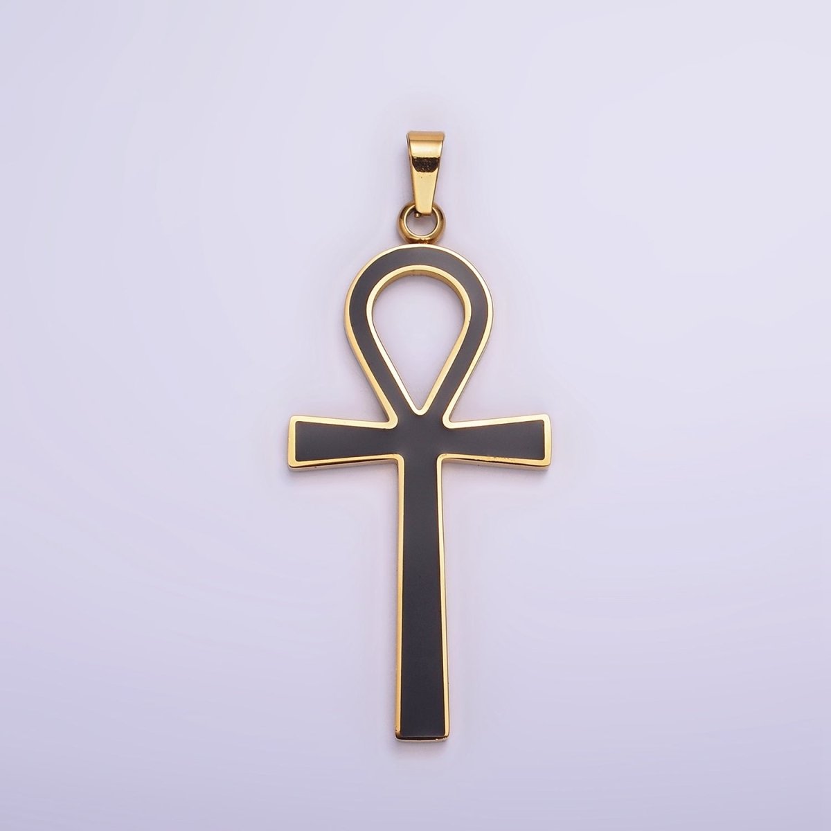 Stainless Steel Black Enamel Lined Egyptian Ankh Cross Pendant in Gold &amp; Silver | P-755