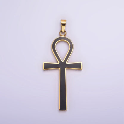 Stainless Steel Black Enamel Lined Egyptian Ankh Cross Pendant in Gold &amp; Silver | P-755