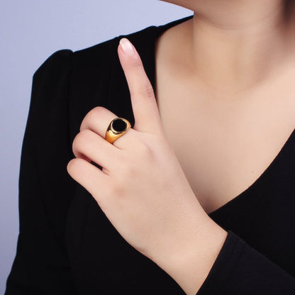 Stainless Steel Black Enamel Round Signet Ring in Gold &amp; Silver | O-1681~O-1688