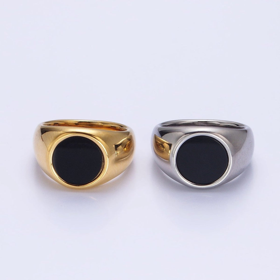 Stainless Steel Black Enamel Round Signet Ring in Gold &amp; Silver | O-1681~O-1688