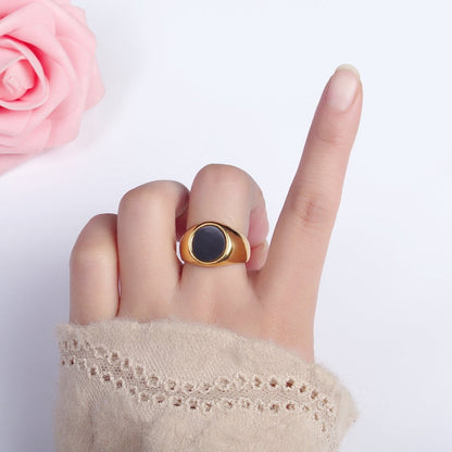 Stainless Steel Black Enamel Round Signet Ring in Gold &amp; Silver | O-1681~O-1688