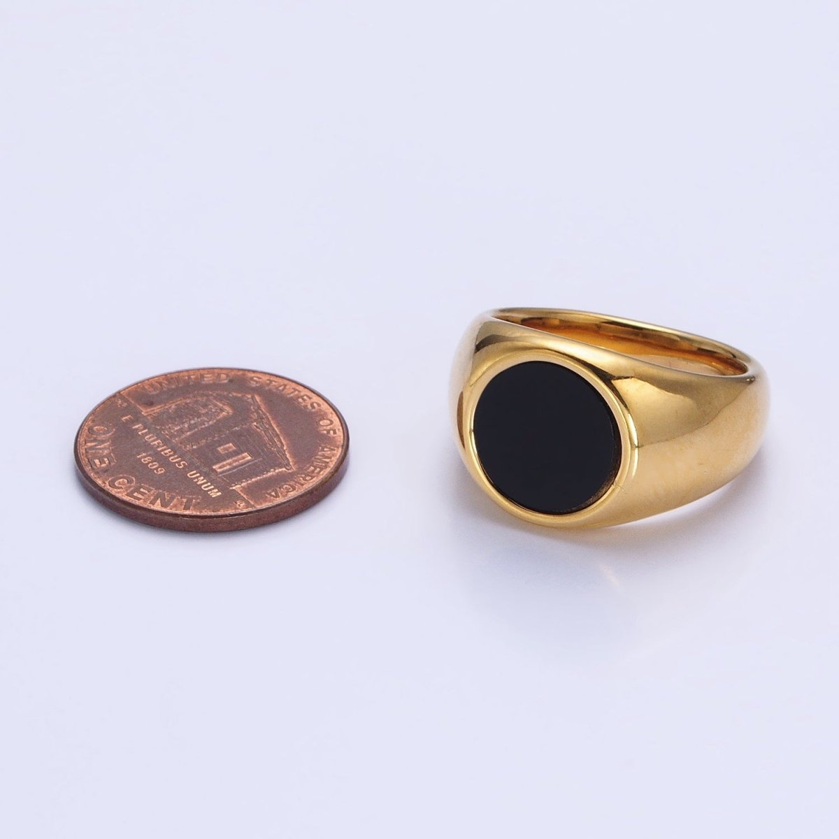 Stainless Steel Black Enamel Round Signet Ring in Gold &amp; Silver | O-1681~O-1688