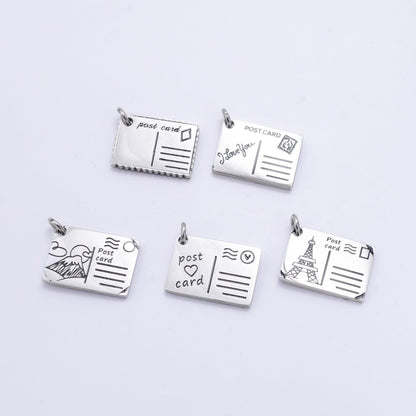 Stainless Steel 18mm Black Enamel Script Post Card Double Sided Charm in Gold &amp; Silver | P1327 - P1332
