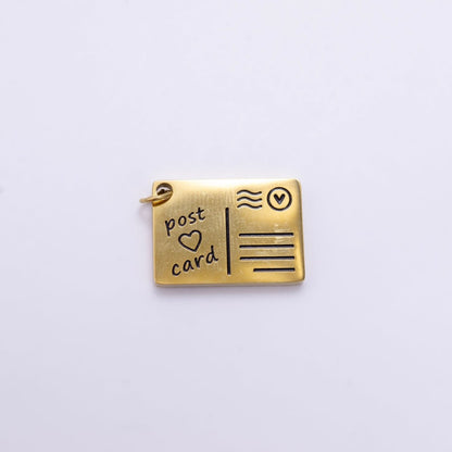 Stainless Steel 18mm Black Enamel Script Post Card Double Sided Charm in Gold &amp; Silver | P1327 - P1332