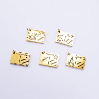 Stainless Steel 18mm Black Enamel Script Post Card Double Sided Charm in Gold &amp; Silver | P1327 - P1332
