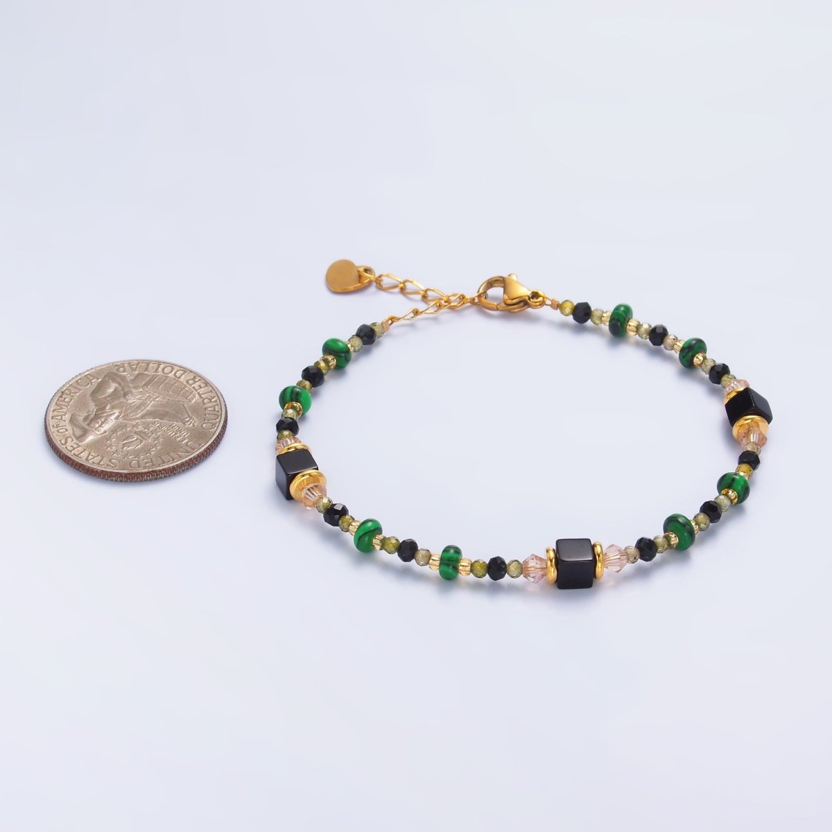 Stainless Steel Black Green Natural Gemstone 7 Inch Bracelet | WA-3115
