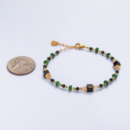 Stainless Steel Black Green Natural Gemstone 7 Inch Bracelet | WA-3115