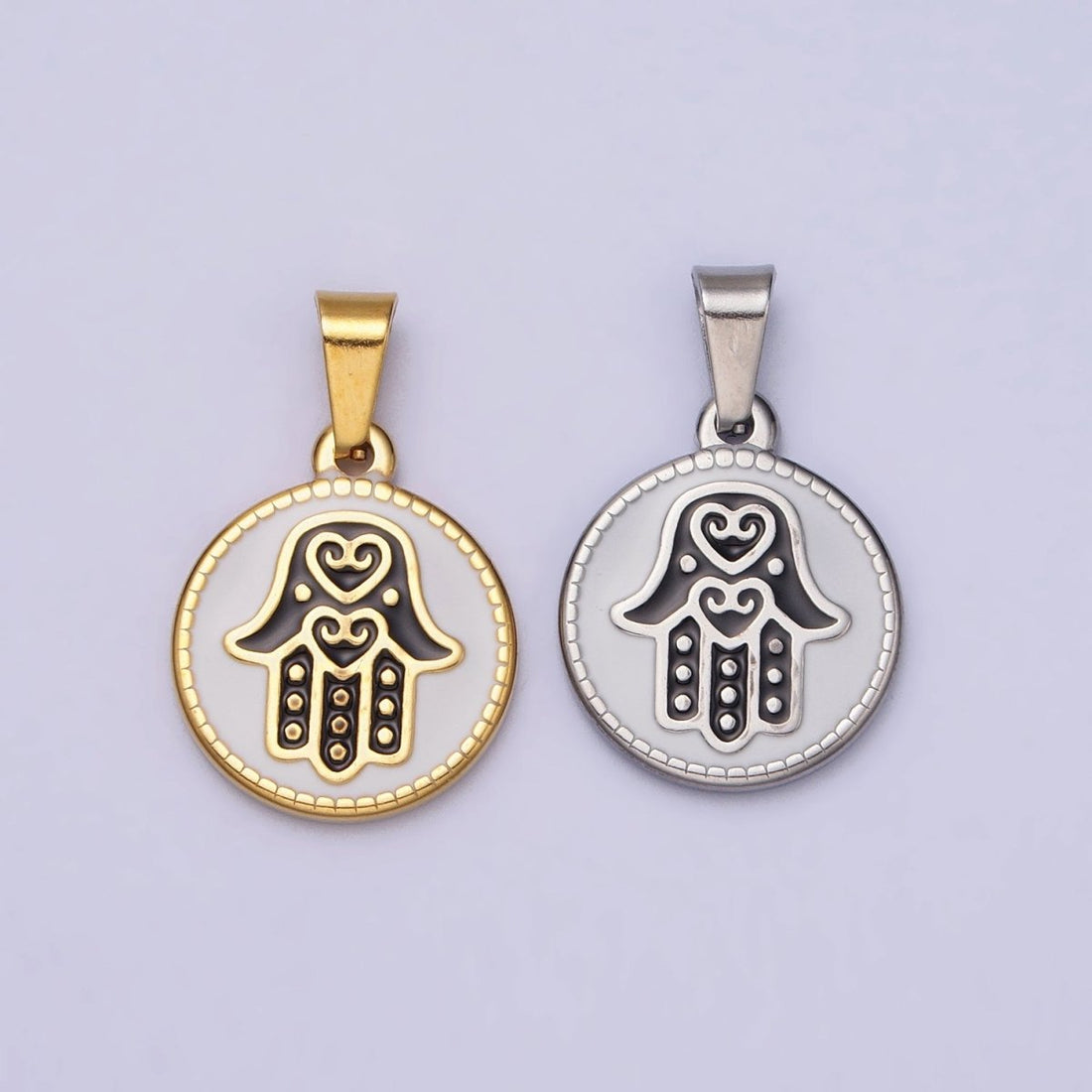 Stainless Steel Black Hamsa Hand White Enamel Round Pendant in Gold &amp; Silver J-655 J-659