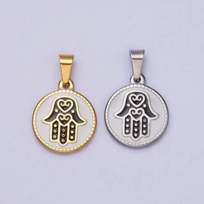 Stainless Steel Black Hamsa Hand White Enamel Round Pendant in Gold &amp; Silver J-655 J-659