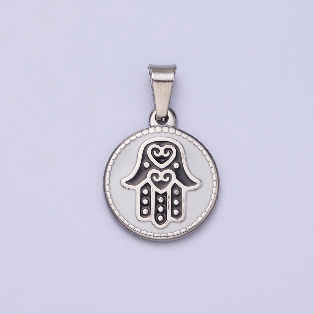 Stainless Steel Black Hamsa Hand White Enamel Round Pendant in Gold &amp; Silver J-655 J-659